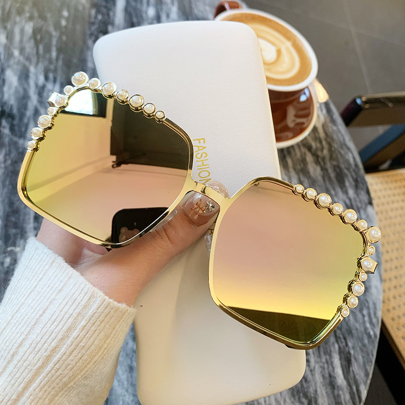 Gafas cuadradas de gran tamaño Gafas de sol de perlas para mujer