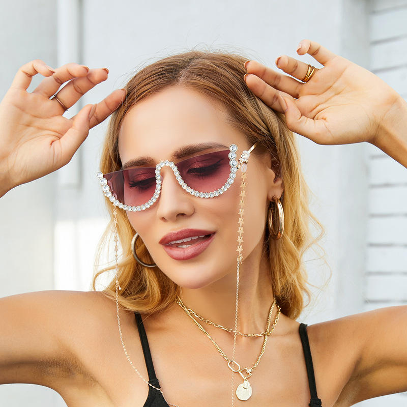 Gafas de sol con cadena y cinturón de diamantes sin marco para mujer