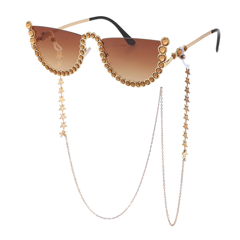 Gafas de sol con cadena y cinturón de diamantes sin marco para mujer