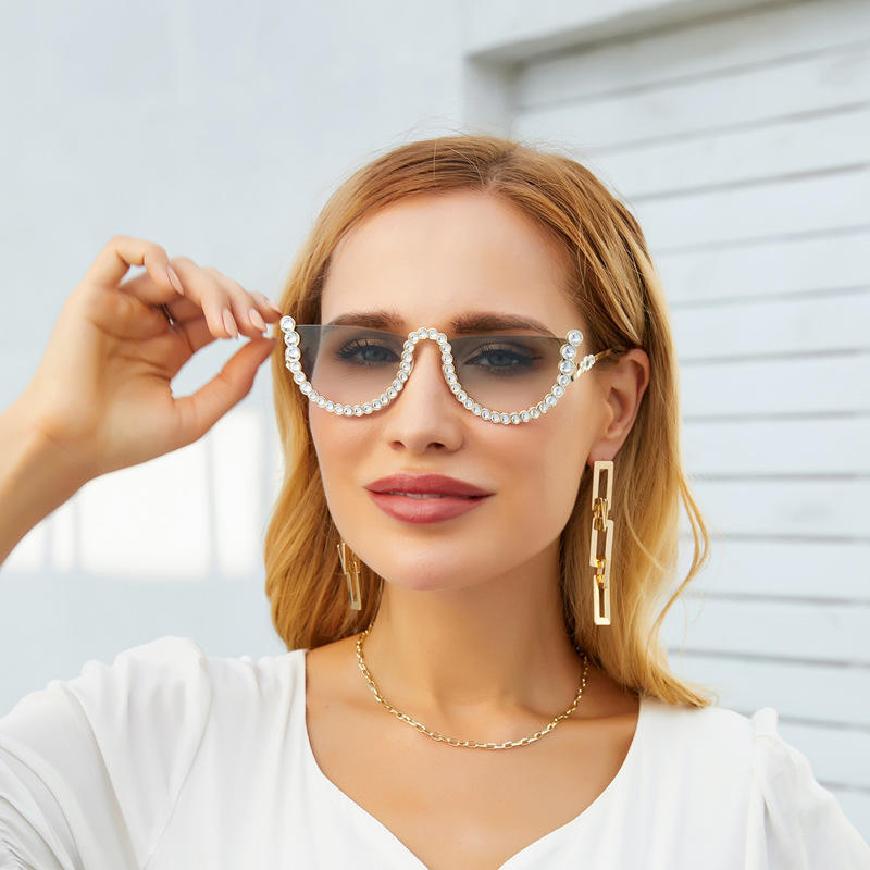 Gafas de sol con cadena y cinturón de diamantes sin marco para mujer