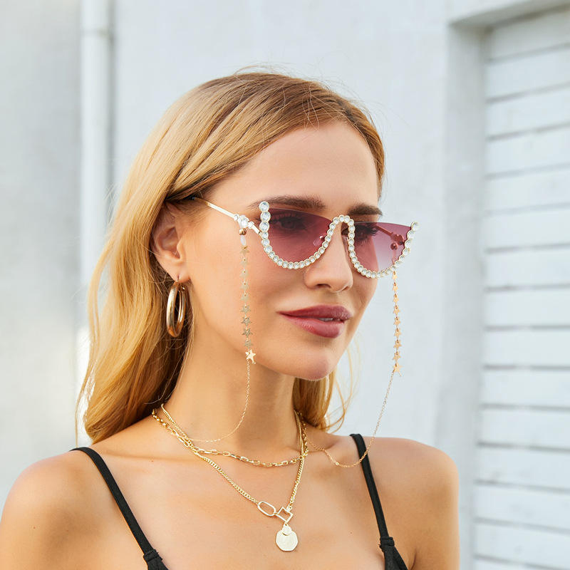 Gafas de sol con cadena y cinturón de diamantes sin marco para mujer